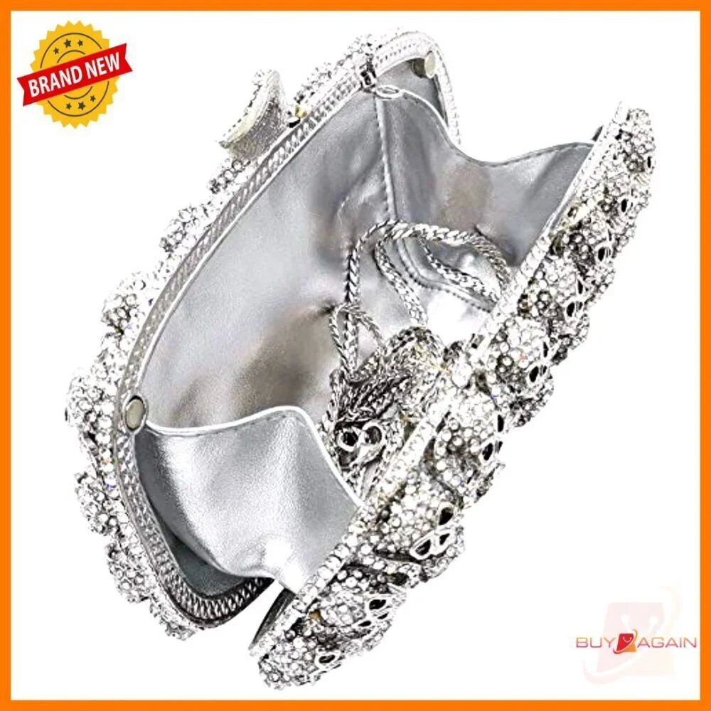 Mini Skull Rhinestone Clutch Evening Bag with Detachable Chain Straps